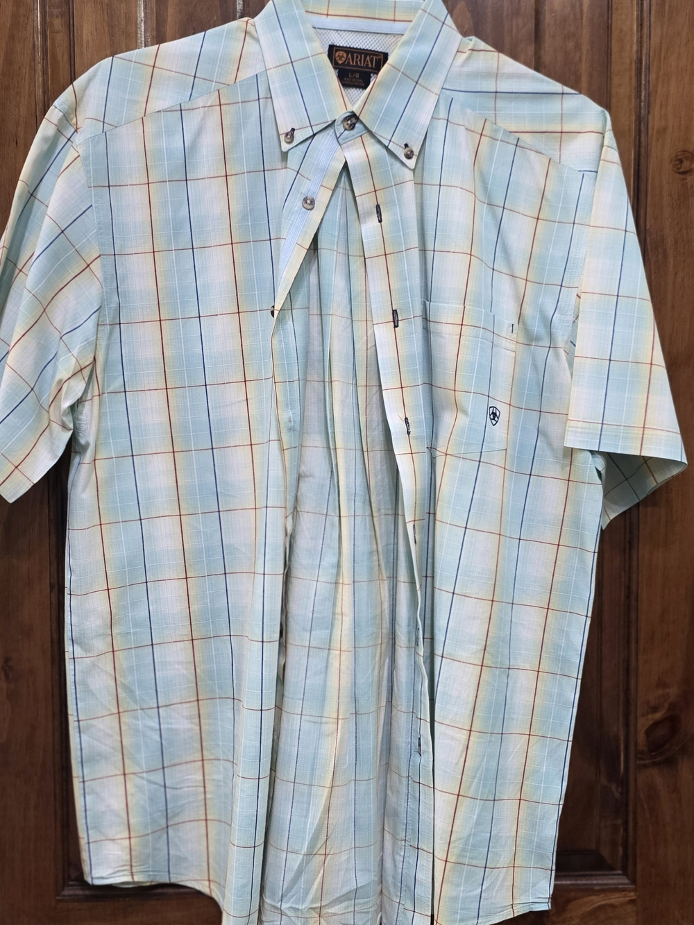 Ariat Light Blue and White Plaid Short-Sleeve Button-Down Shirt with Orange Grid